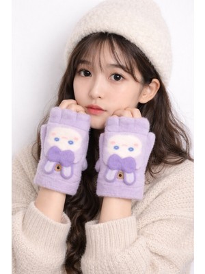 Gigi Giyim Tavşan Desenli Kapaklı Kız Çocuk Peluş Parmaksız Eldiven