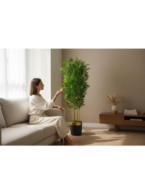 Erhan Flowers Yapay Bambu Ağaç 160 cm 6 Dallı Yogun Yaprak Siyah Gold Saksı