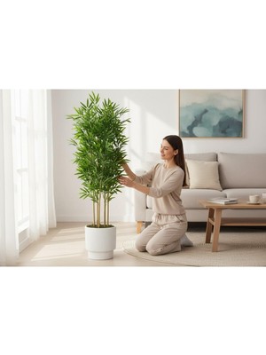 Erhan Flowers Yapay Bambu Ağaç 190 cm 6 Dallı Yogun Yaprak Vega Beyaz Saksı