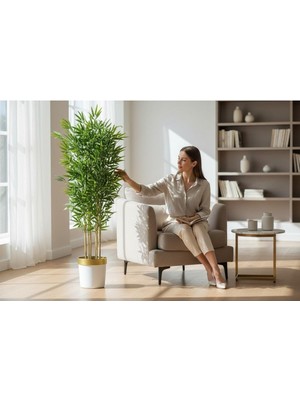 Erhan Flowers Yapay Bambu Ağaç 190 cm 6 Dallı Yogun Yaprak Beyaz Gold Saksı