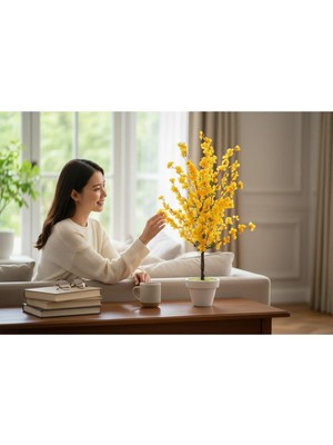 Erhan Flowers 130 cm Sarı Bahar Dalı Beyaz Plastik Saksıda