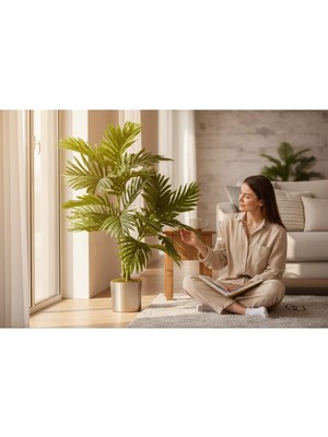 Erhan Flowers Yapay Çiçek Areka Palmiye Ağacı 100 cm Salon Çiçeği Yapay Bitki Saksı Metal