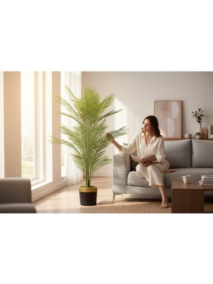 Erhan Flowers Yapay Areka Ağacı Palmiye Ağacı Salon Bitkisi Yapay Areka 130 cm 20 Yaprak Siyah Gold Saksı