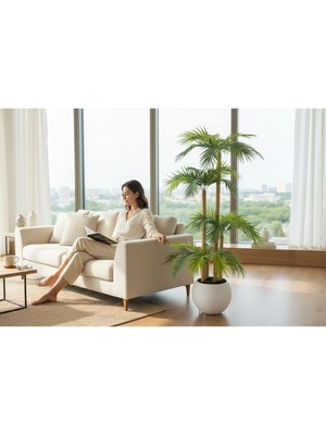 Erhan Flowers Yapay Palmiye Ağacı Bambu 4 Gövdeli 36 Yaprak 145 cm Beyaz Küre Saksılı