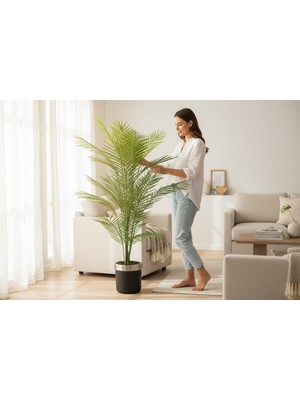 Erhan Flowers Yapay Areka Ağacı Palmiye Ağacı Salon Bitkisi Yapay Areka 130 cm 20 Yaprak Siyah Gümüş Saksı