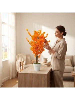 Erhan Flowers 110 cm Turuncu Bahar Dalı Beyaz Plastik Saksıda
