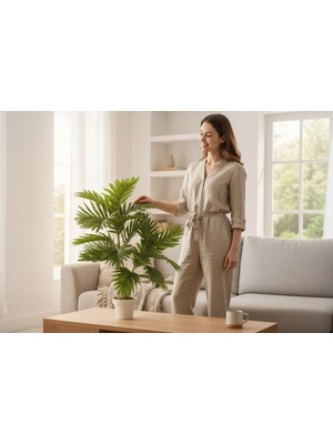 Erhan Flowers Yapay Çiçek Areka Palmiye Ağacı 100 cm Salon Çiçeği Yapay Bitki Saksı Beyaz Gold