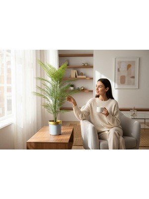 Erhan Flowers Yapay Areka Ağacı Palmiye Ağacı Salon Bitkisi Yapay Areka 130 cm 20 Yaprak Beyaz Gold Saksı