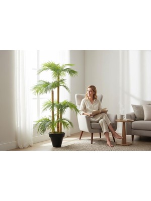 Erhan Flowers Yapay Palmiye Ağacı Bambu 4 Gövdeli 36 Yaprak 145 cm Beyaz Plastik Saksılı