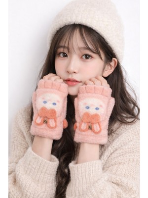 Gigi Giyim Tavşan Desenli Kapaklı Kız Çocuk Peluş Parmaksız Eldiven