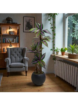 Erhan Flowers Yapay Zebra Mor Yapraklı Yuka Palmiyesi 170 cm 3 Gövdeli Antrasit Küre Saksılı