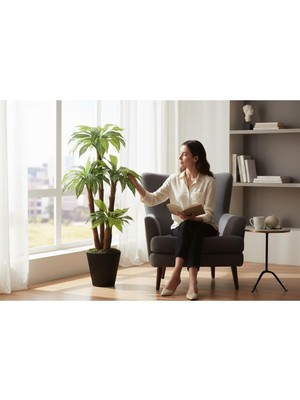 Erhan Flowers Yapay Zebra Yapraklı Yuka Palmiyesi 170 cm 3 Gövdeli Luna Siyah Saksılı