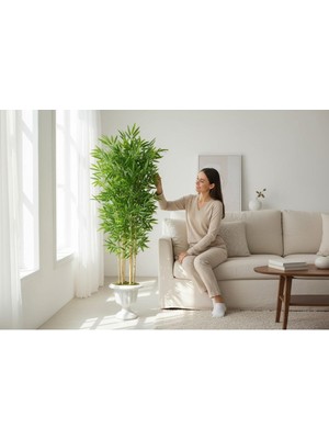 Erhan Flowers Yapay Bambu Ağaç 160 cm 6 Dallı Yogun Yaprak Nergiz Saksı