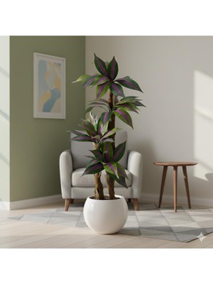 Erhan Flowers Yapay Zebra Mor Yapraklı Yuka Palmiyesi 170 cm 3 Gövdeli Beyaz Küre Saksılı