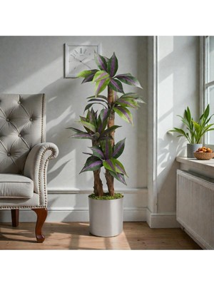 Erhan Flowers Yapay Zebra Mor Yapraklı Yuka Palmiyesi 170 cm 3 Gövdeli Metal Gümüş Saksılı