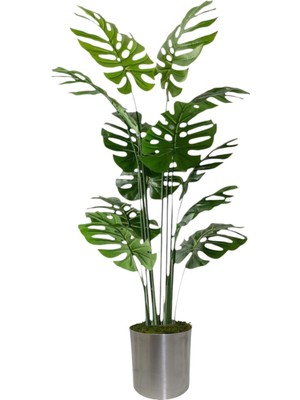 Yapay Ağaç Monstera Deve Tabanı Ağacı 180 cm 16 Yaprak Metal Gümüş Saksı