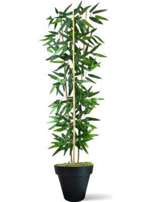 Dekoratif Yapay Yapraklı 3 Gövde Bambu Ağacı 100 cm Bambu Siyah Plastık Saksı