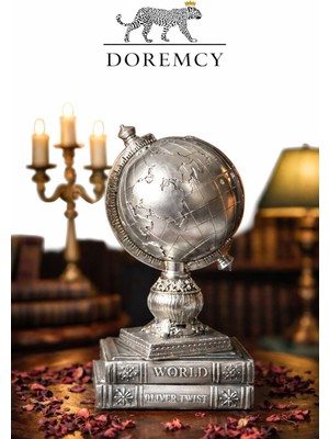Doremcy Dekoratif Gümüş Kitaplı Dünya Küre Hediyelik Polyester Döküm Biblo