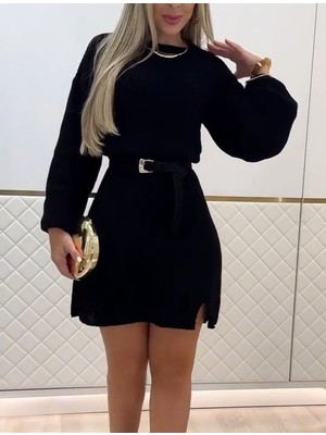 Veraura Lifestyle Kadın Uzun Kollu Yuvarlak Yakalı Kısa Triko Elbise