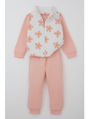 Donino Kız Çocuk Eşofman Takımı Çiçek Desenli Yelekli 2-5 Yaş, Pembe