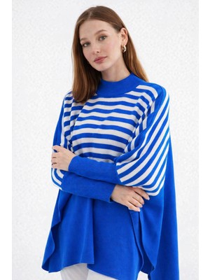 Missruba Kadın Yırtmaçlı Saks Panço Kazak CP0001