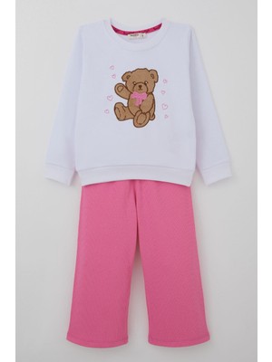 Breeze Kız Çocuk Eşofman Takımı Sevgi Temalı Mutlu Ayıcık Nakışlı 3-7 Yaş, Beyaz