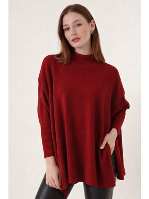 Missruba Kadın Yırtmaçlı Bordo Panço Kazak DP0001