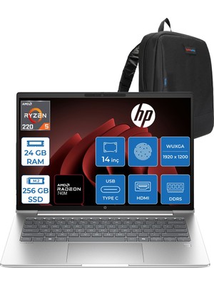 Hp Probook 4 G1AH 14 Amd Ryzen 5 220 4.9ghz 24GB Ddr5 256GB SSD Freedos Amd Radeon 740M 14" Wuxga (1920 x 1200) IPS 300NITS Taşınabilir Bilgisayar CV0E6ATF06 + Zetta Çanta