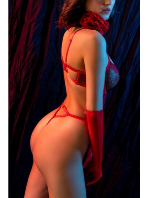 Bordo Transparan Çiçek Dantel Detaylı Seksi Body,fantezi Iç Giyim Takımı Eldivenli, Seksi 3'lü Set