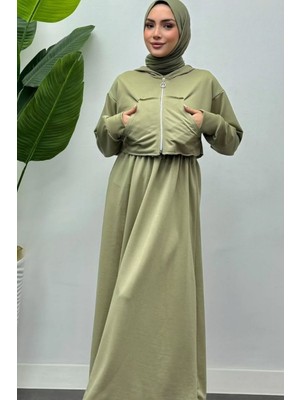Tesettür Diyarı Içi Elbiseli Kapüşonlu Fermuarlı Tesettür Takım- Yeşil