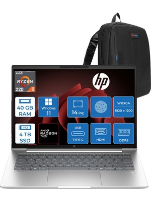Hp Probook 4 G1AH 14 Amd Ryzen 5 220 4.9ghz 40GB Ddr5 4tb SSD Windows 11 Home Amd Radeon 740M 14" Wuxga (1920 x 1200) IPS 300NITS Taşınabilir Bilgisayar CV0E6ATH20 + Zetta Çanta