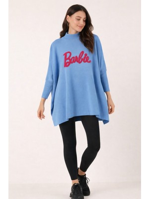 Missruba Kadın Mavi Yırtmaçlı Barbie Triko Panço - BP0001