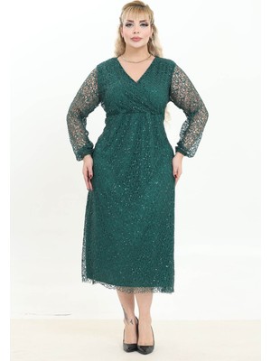 Modayız Yeşil Dantel Detaylı Kruvaze Yaka Uzun Kollu Abiye Elbise 1E-2763
