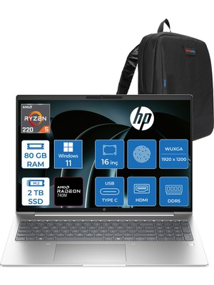 Hp Probook 4 G1AH 16 Amd Ryzen 5 220 4.9ghz 80GB Ddr5 2tb SSD Windows 11 Home Amd Radeon 740M 16" Wuxga (1920 x 1200) IPS 300NITS Taşınabilir Bilgisayar CV0E7ATH34 + Zetta Çanta