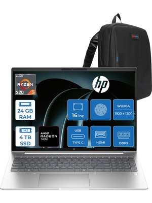 Hp Probook 4 G1AH 16 Amd Ryzen 5 220 4.9ghz 24GB Ddr5 4tb SSD Freedos Amd Radeon 740M 16" Wuxga (1920 x 1200) IPS 300NITS Taşınabilir Bilgisayar CV0E7ATF10 + Zetta Çanta