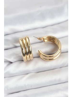 Brf Bfs 3'lü Görünüm 316L Çelik Gold Renk Kadın Küpe