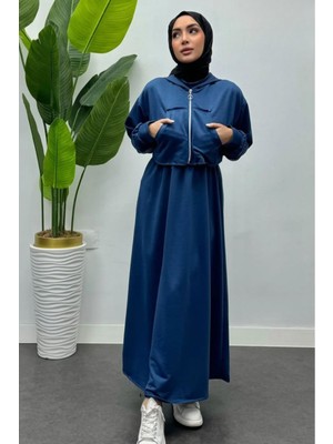Tesettür Diyarı Içi Elbiseli Kapüşonlu Fermuarlı Tesettür Takım- Lacivert
