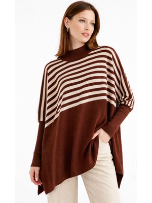 Missruba Kadın Yırtmaçlı Kahverengi Panço Kazak CP0001