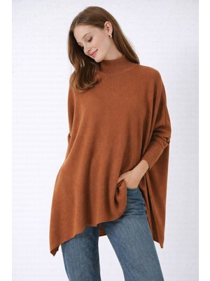 Missruba Kadın Yırtmaçlı Taba Panço Kazak DP0001