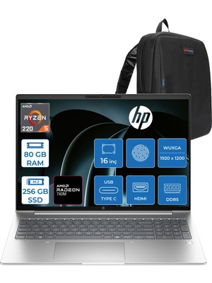 Hp Probook 4 G1AH 16 Amd Ryzen 5 220 4.9ghz 80GB Ddr5 256GB SSD Freedos Amd Radeon 740M 16" Wuxga (1920 x 1200) IPS 300NITS Taşınabilir Bilgisayar CV0E7ATF31 + Zetta Çanta