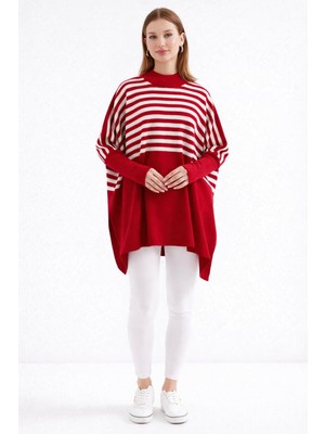 Missruba Kadın Yırtmaçlı Kırmızı Panço Kazak CP0001