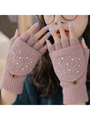 Gigi Giyim Taş Detaylı Kapaklı Yarım Parmak Örgü Kadın  Eldiven