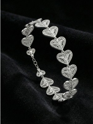 Erdobia 925 Ayar Geleneksel Telkari Sıralı Kalp Motifli El Işi Gümüş Bileklik (Ayarlanabilir)