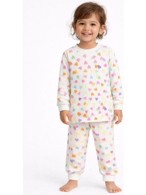 Renkli Kalp Desenli Uzun Kollu Mevsimlik Kız Çocuk Pijama  Takımı