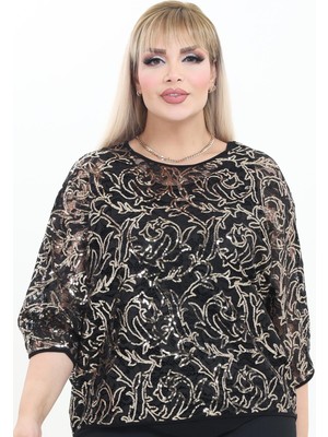 Ladies First  Büyük Beden 4028 Siyah-Altın Bluz+Bady Ikili Takım