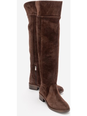 Luvi Petya Kahverengi Süet Hakiki Deri Dizüstü Kadın Çizme