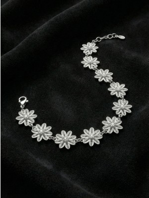 Erdobia 925 Ayar Geleneksel Telkari El Işi Papatya Motifli Sıralı Gümüş Bileklik (Ayarlanabilir)