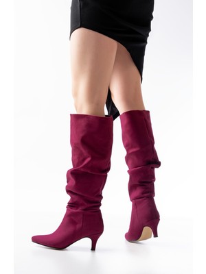 Zerenyus ZRİN-2001 Bordo Süet Ince Topuklu Körüklü Premium Kadın Çizme