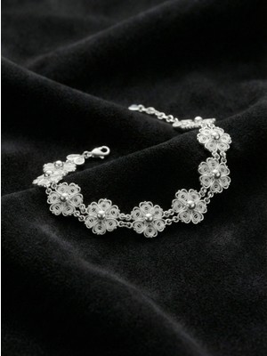 Erdobia 925 Ayar Geleneksel Telkari El Işi Çiçek Motifli Sıralı Gümüş Bileklik (Ayarlanabilir)