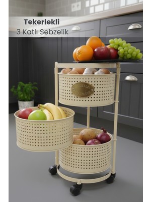 Orvila 3 Katlı Tekerlekli Tepsili Metal Sebzelik Açılır Patates Soğan Meyvelik Sepeti Raf